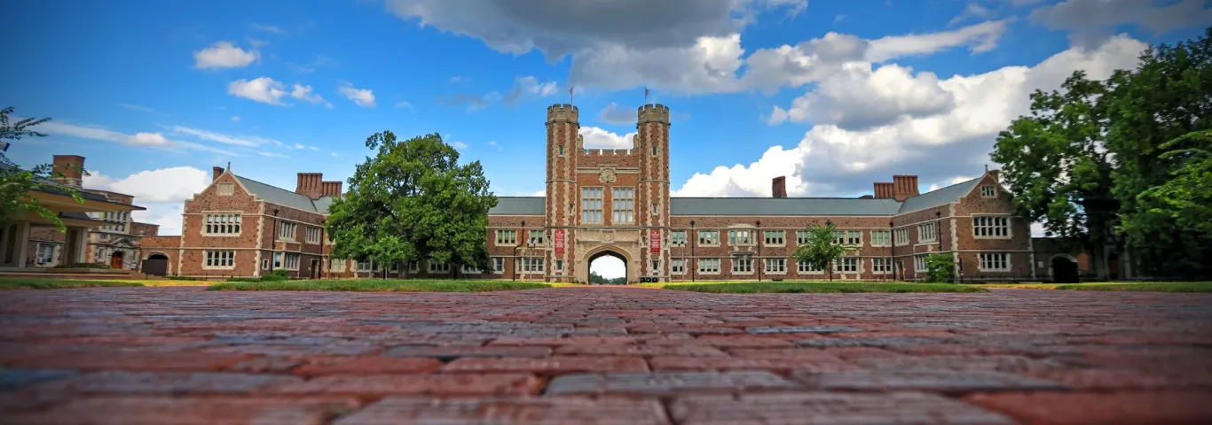 Brookings Hall seen from ground level in the summertime