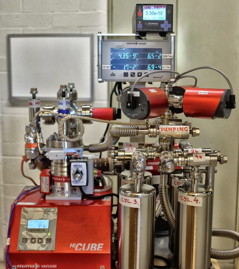 Completed and operational gas extraction manifold in Compton Hall prior to transport to Johnson Space Center in May 2021.